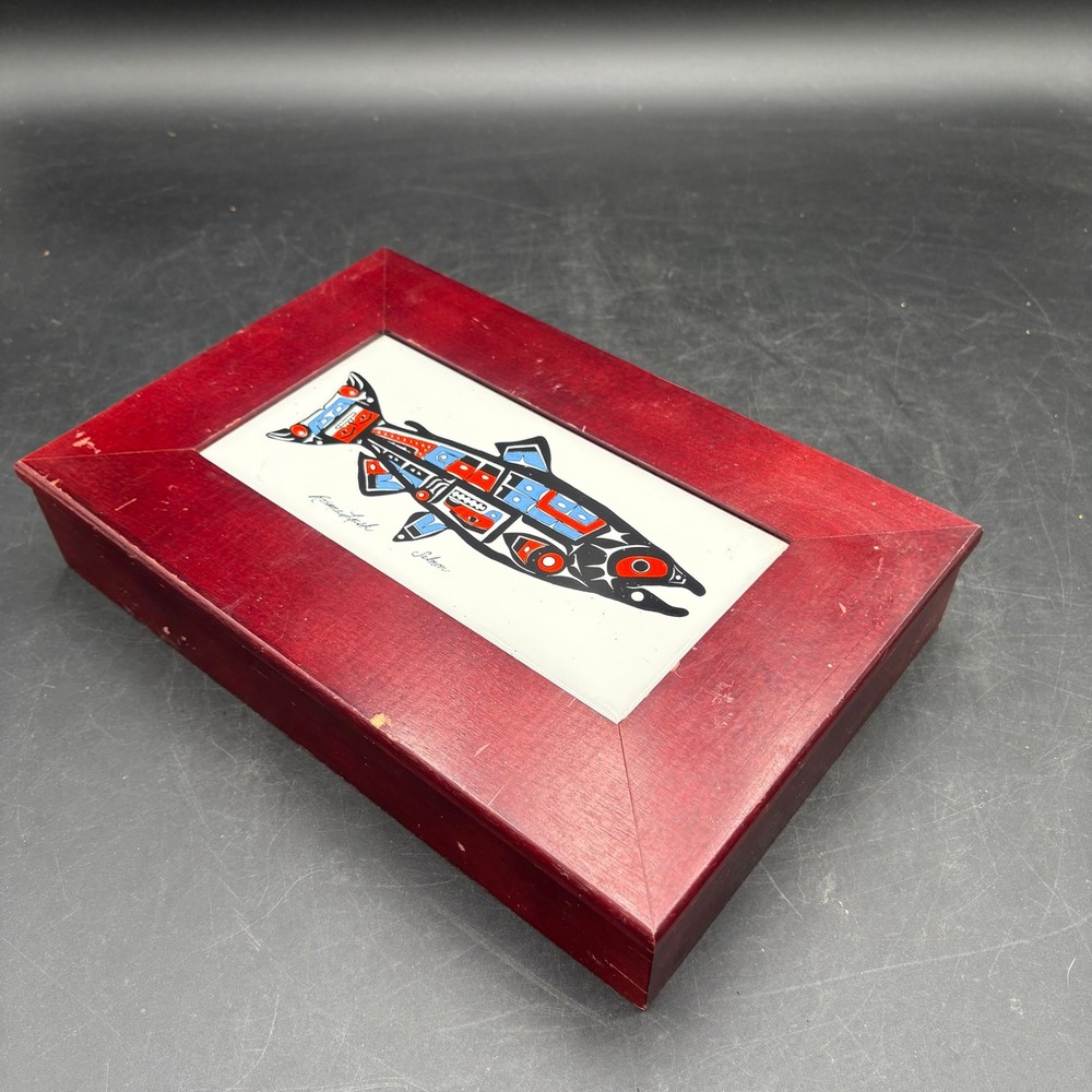Roxanne Leash Indigenous Salmon Art Wood Keepsake Box Ceramic Tile Inlay 12in